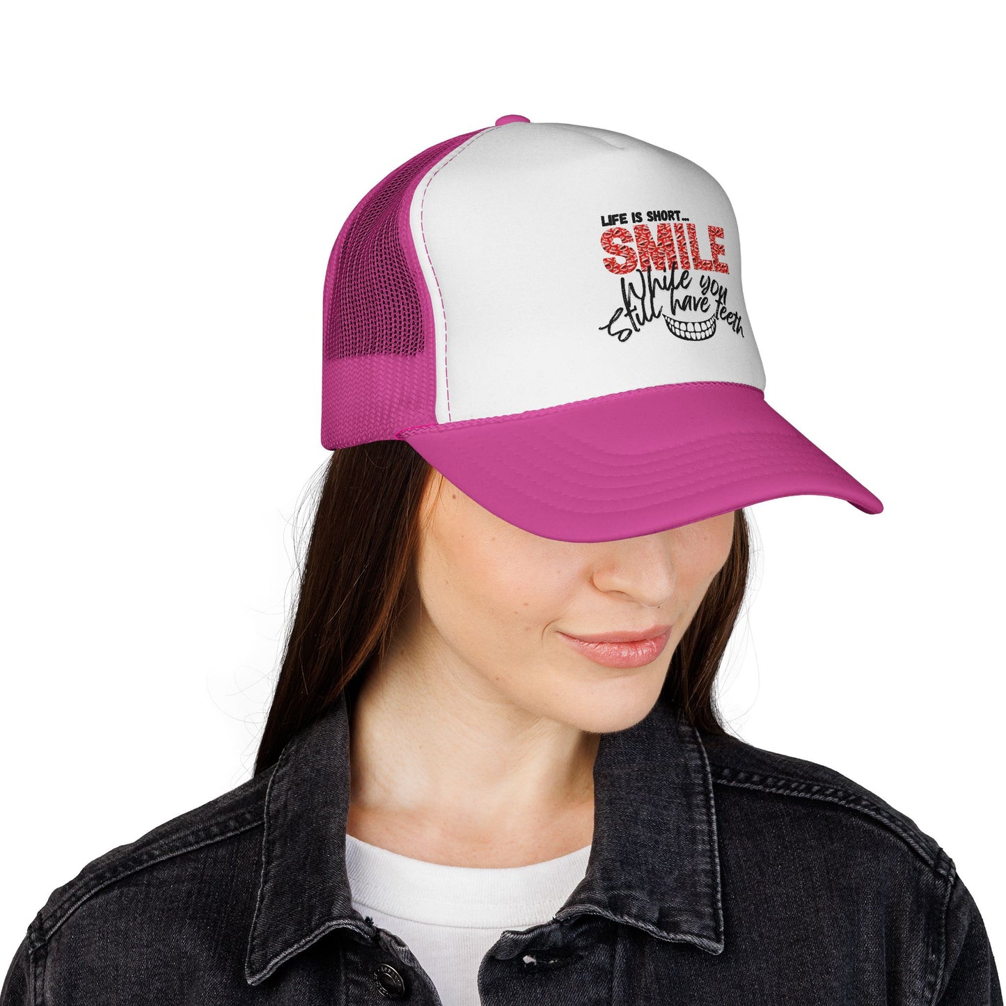 Trucker Hat — "Smile While You Still Have Teeth" Graphic Mesh Cap