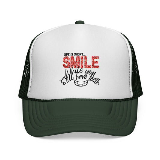 Trucker Hat — "Smile While You Still Have Teeth" Graphic Mesh Cap