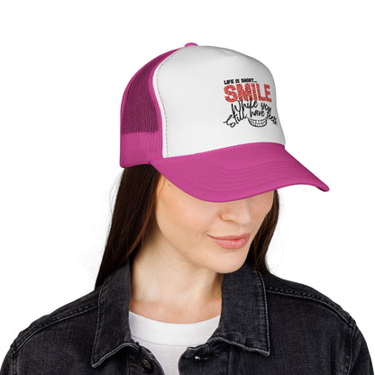 Trucker Hat — "Smile While You Still Have Teeth" Graphic Mesh Cap