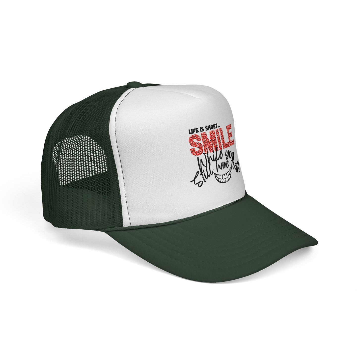 Trucker Hat — "Smile While You Still Have Teeth" Graphic Mesh Cap