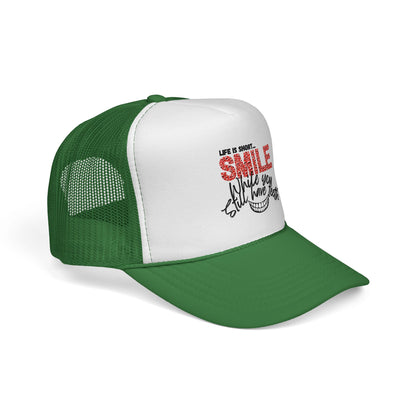 Trucker Hat — "Smile While You Still Have Teeth" Graphic Mesh Cap