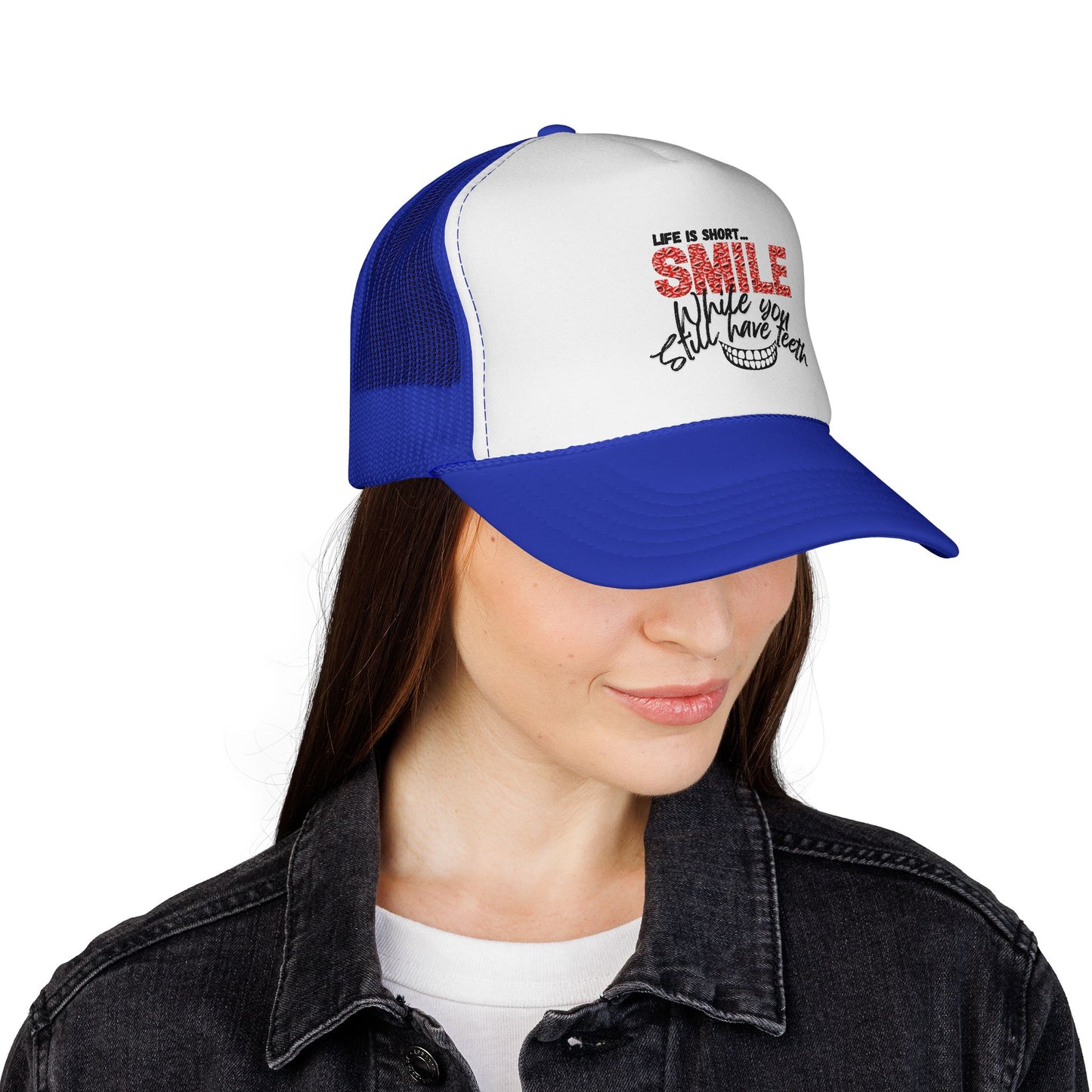 Trucker Hat — "Smile While You Still Have Teeth" Graphic Mesh Cap