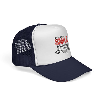 Trucker Hat — "Smile While You Still Have Teeth" Graphic Mesh Cap