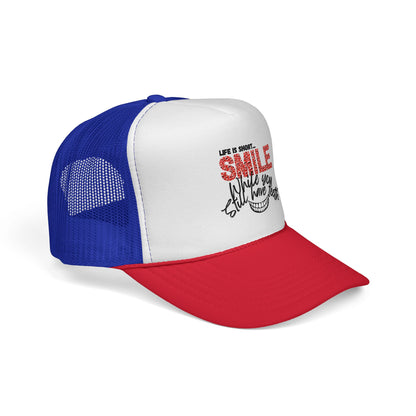 Trucker Hat — "Smile While You Still Have Teeth" Graphic Mesh Cap