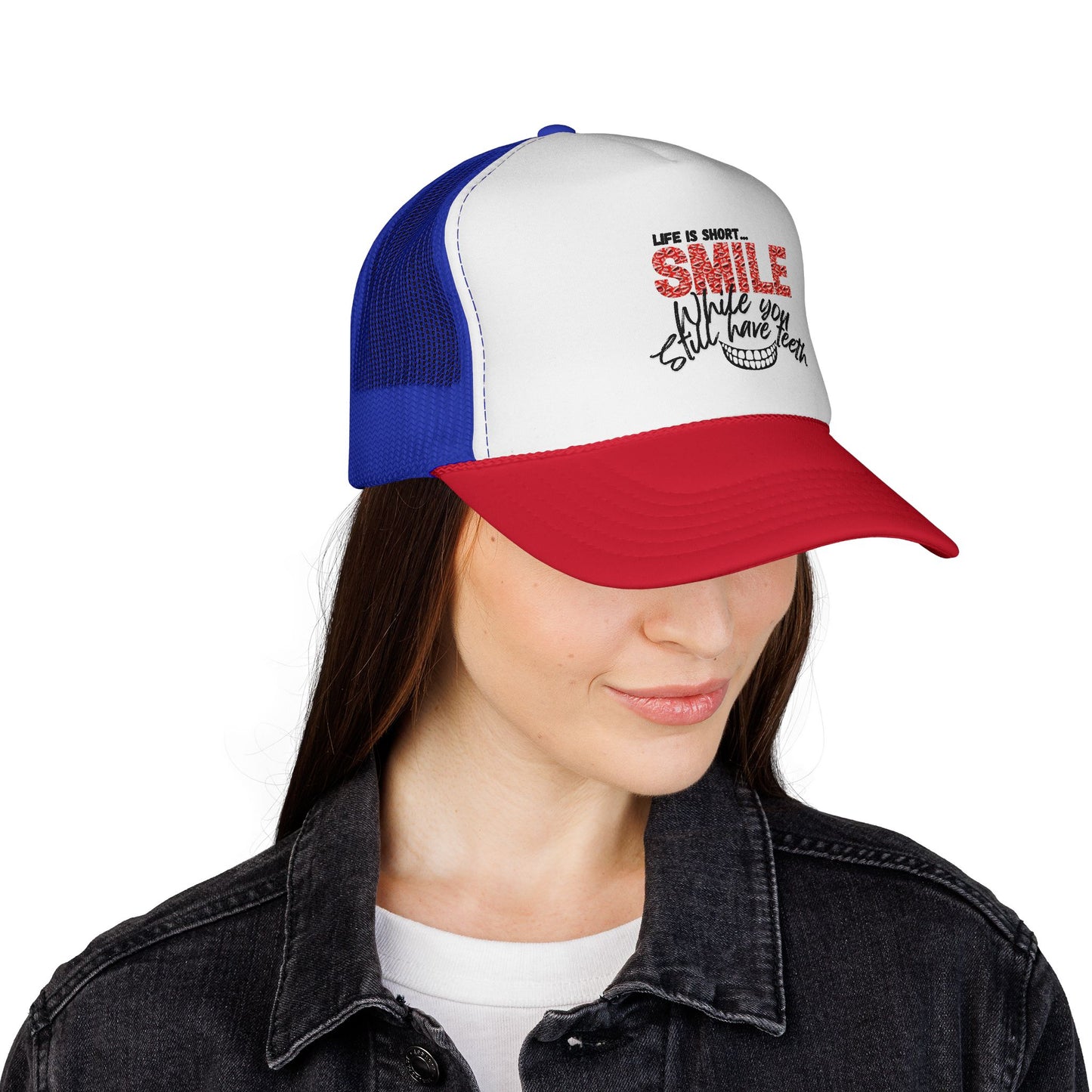 Trucker Hat — "Smile While You Still Have Teeth" Graphic Mesh Cap