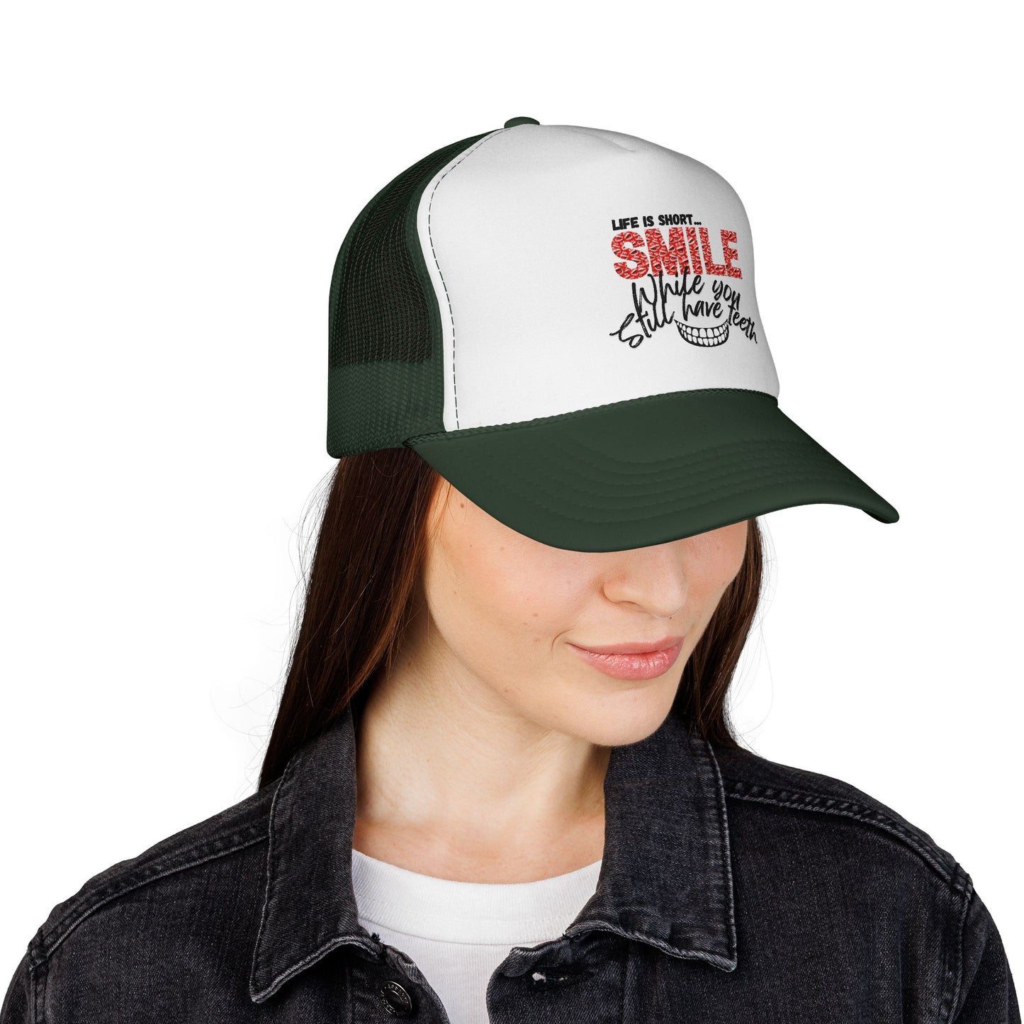 Trucker Hat — "Smile While You Still Have Teeth" Graphic Mesh Cap