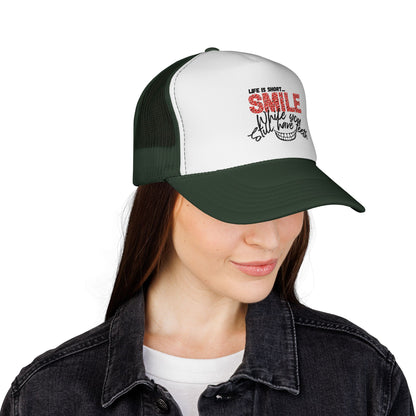 Trucker Hat — "Smile While You Still Have Teeth" Graphic Mesh Cap