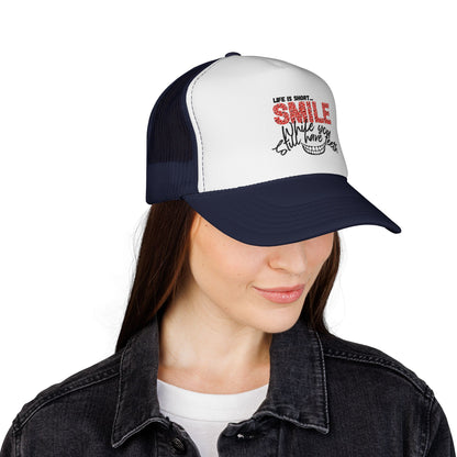 Trucker Hat — "Smile While You Still Have Teeth" Graphic Mesh Cap