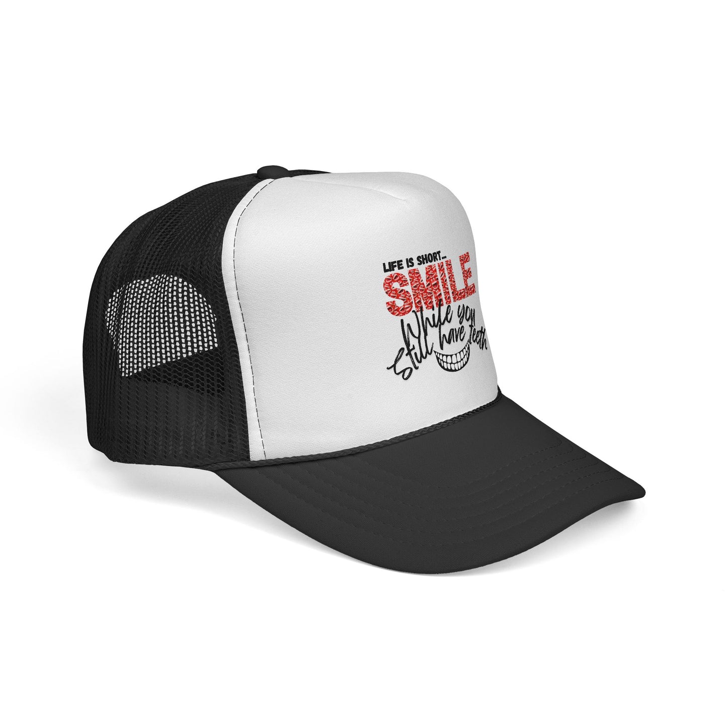 Trucker Hat — "Smile While You Still Have Teeth" Graphic Mesh Cap