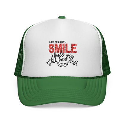Trucker Hat — "Smile While You Still Have Teeth" Graphic Mesh Cap