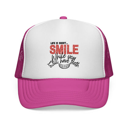 Trucker Hat — "Smile While You Still Have Teeth" Graphic Mesh Cap