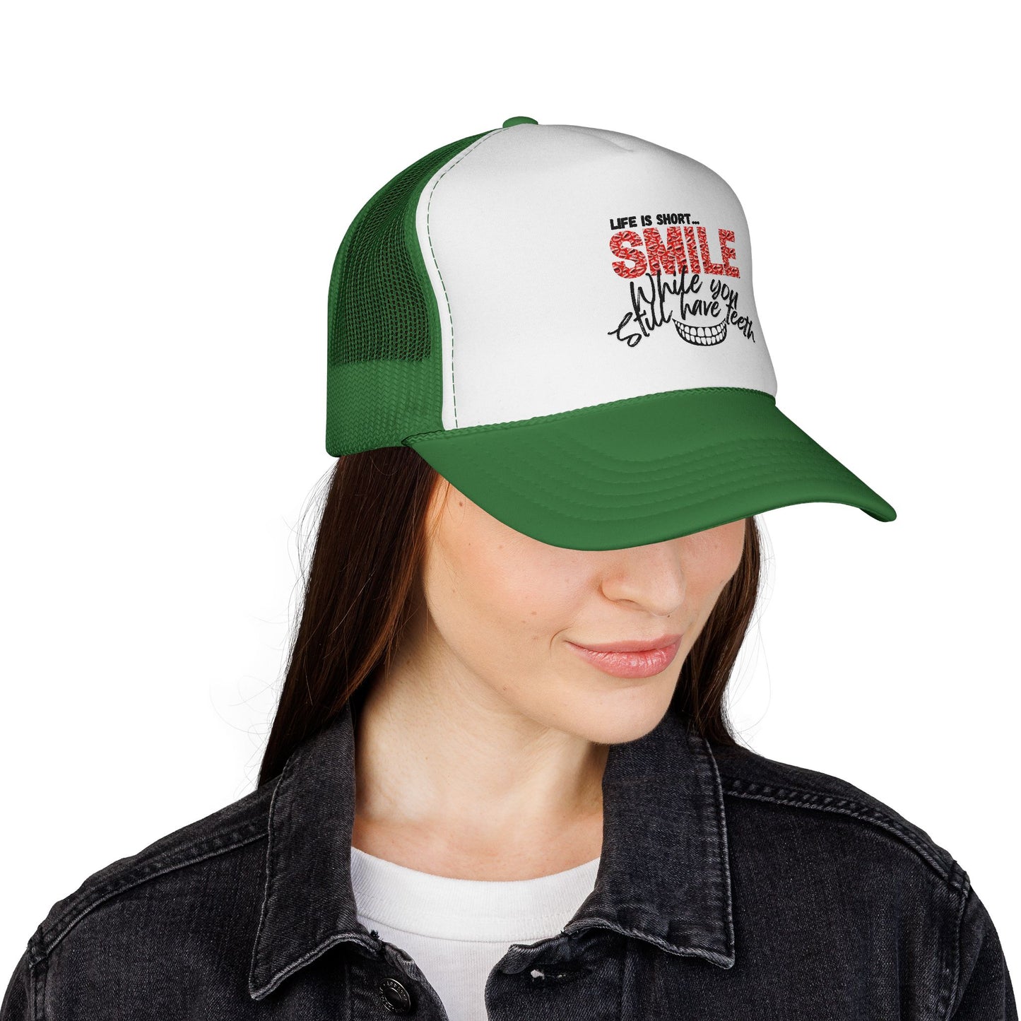 Trucker Hat — "Smile While You Still Have Teeth" Graphic Mesh Cap