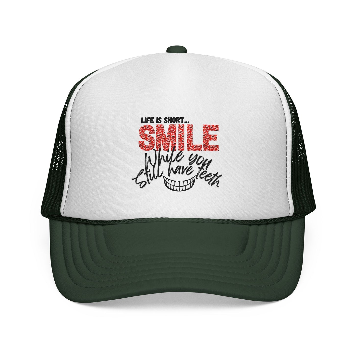 Trucker Hat — "Smile While You Still Have Teeth" Graphic Mesh Cap