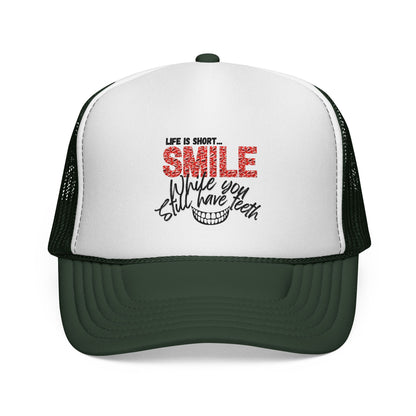 Trucker Hat — "Smile While You Still Have Teeth" Graphic Mesh Cap