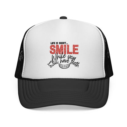 Trucker Hat — "Smile While You Still Have Teeth" Graphic Mesh Cap