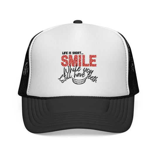 Trucker Hat — "Smile While You Still Have Teeth" Graphic Mesh Cap